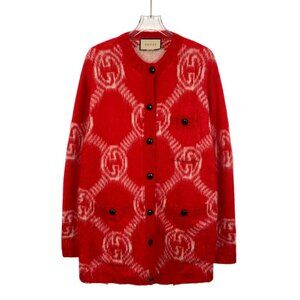 Gucci Red Wool-Blend Cardigan With GG Monogram Pattern & Button Front